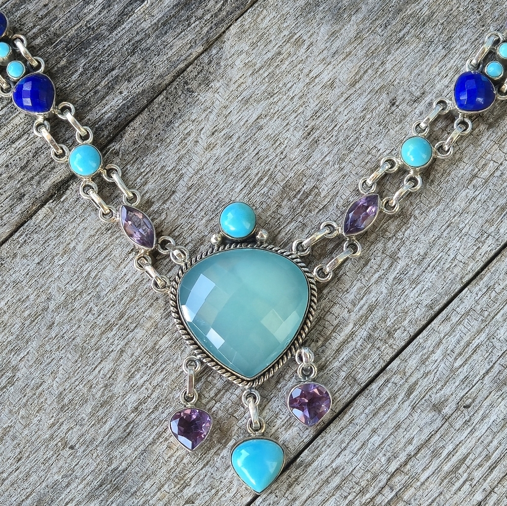Nicky Butler 925 Sterling Silver Aqua Chalcedony Turquoise Designer NB Necklace